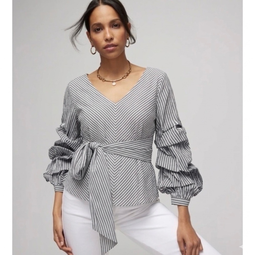 Renee C. Top Tiered Ruched Sleeves White Black Striped Belted V-Neck Cotton M - Picture 1 of 15